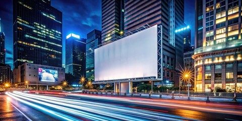 Fototapeta premium Photorealistic Blank Billboard at Night in Vibrant City with Neon Reflection for Urban Advertisement Mockup