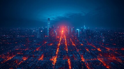 Naklejka premium Futuristic Cityscape with Connected Network Night View Digital City Urban Development Modern