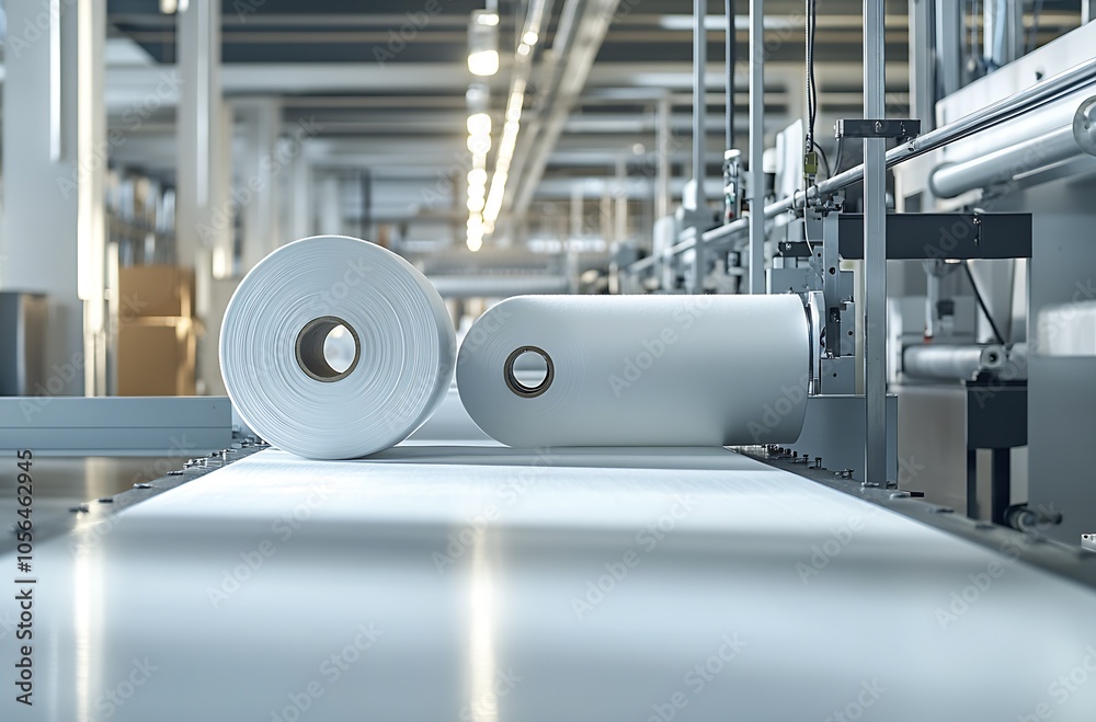 Fototapete automated fabric production line with rolls of white textile material : generative ai
