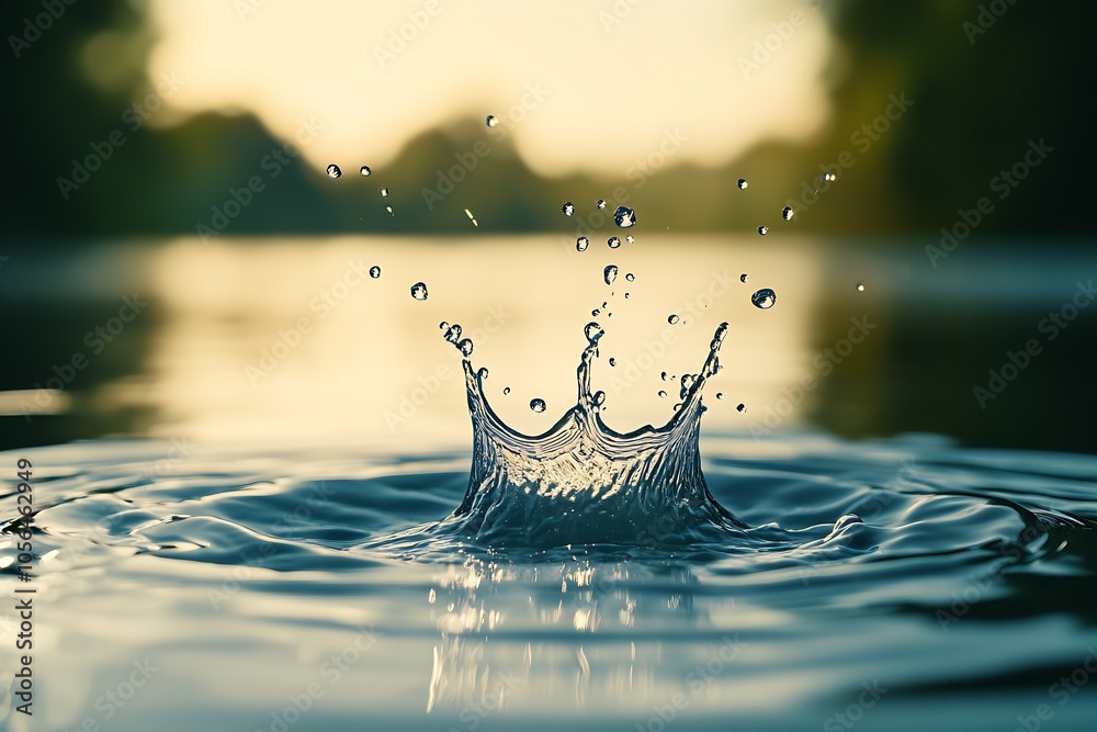 Leinwandbilder capture of a splashing water droplet surrounded by ripples in a tranquil lake : generative ai