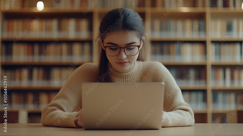 Poster Young Woman in Library Using Laptop Depicting Modern Learning and Research in Educational Setting : Generative AI