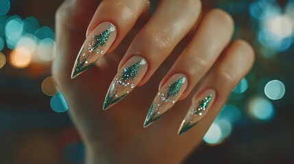 Shimmering gold and emerald nail art with jewel accents for a luxurious holiday look focus on, opulent style, dynamic, overlay, upscale party backdrop