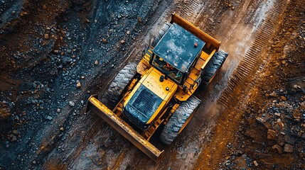 Aerial View of Yellow Construction Bulldozer Working on Dirt Road