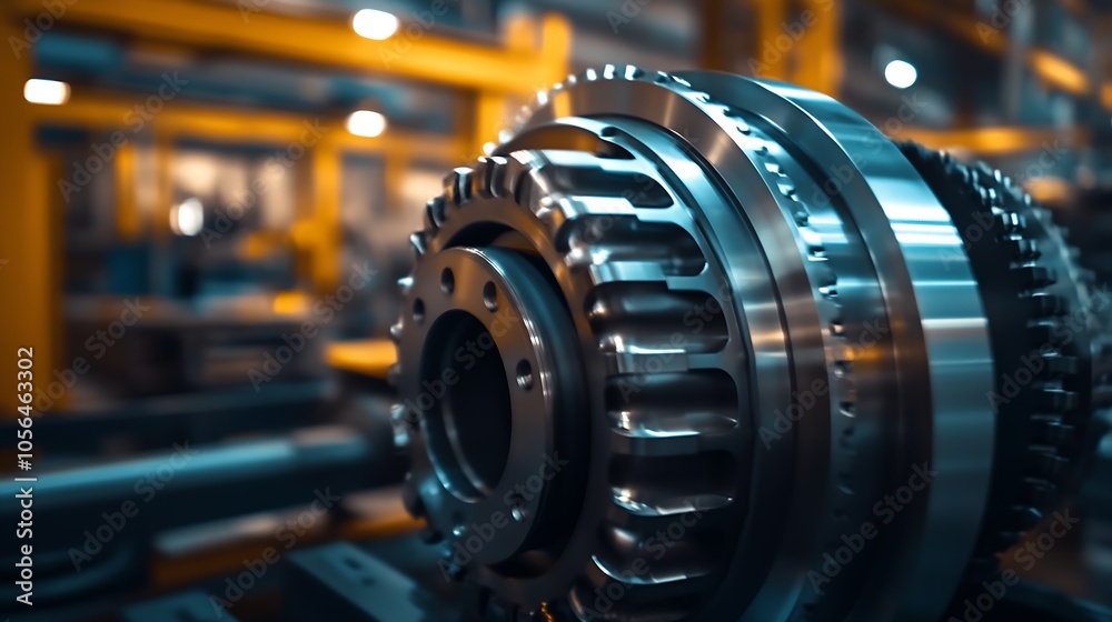 Poster industrial setting featuring a large metallic gear in focus : generative ai