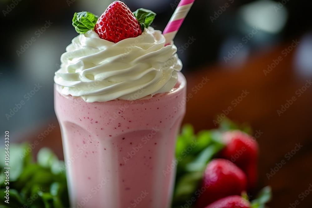 Poster creamy strawberry milkshake with fresh topping and striped straw in vibrant setting : generative ai
