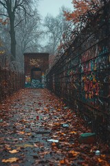 Fototapeta premium Foggy Alleyway with Graffiti and Fallen Leaves