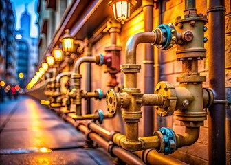 Fototapeta premium Pipes carrying natural gas, complete with valves and joints, are installed on a brown wall, integrating essential utility work into the urban landscape.