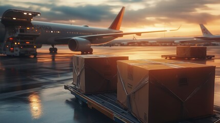 Cargo loading at airport during sunset. Large cardboard boxes are prepared for air cargo loading at an airport. Airplanes and a vibrant sunset create a dynamic backdrop.