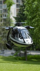 Futuristic flying vehicle hovering over green park landscape