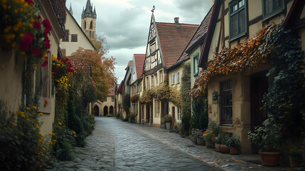 Fototapeta premium Cobblestone Street in a Quaint European Town - Realistic Image