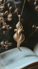 Elegant pendant on open book with dried flowers in background