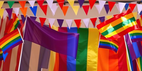 A group of diverse friends at an lgbtq celebration, waving rainbow flags in the air, happiness, flags, lgbtq