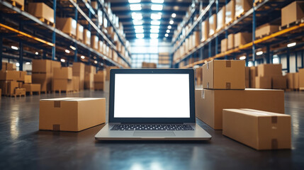 Warehouse logistics with laptop and packages. Laptop in a large warehouse filled with cardboard boxes, representing technology integration in modern logistics and warehouse operations.