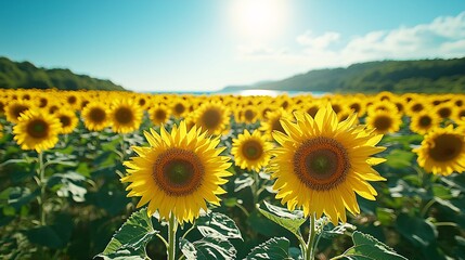 Fototapeta premium Sunflowers Field Summer Bright Yellow Flowers Sunny Day Natural Beauty Blooming Flowers Nature