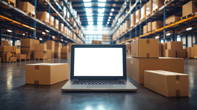 Warehouse logistics with laptop and packages. Laptop in a large warehouse filled with cardboard boxes, representing technology integration in modern logistics and warehouse operations.