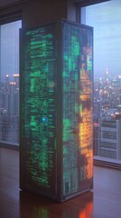 Futuristic data storage tower illuminated with colorful digital patterns