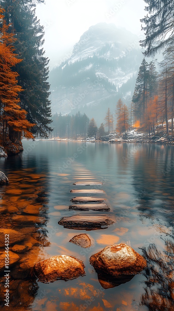 Poster stepping stones across tranquil lake surrounded by fall foliage and mountains : generative ai