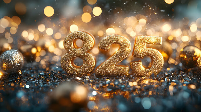 Golden Glitter Number 825 with Festive Bokeh Background Illustration