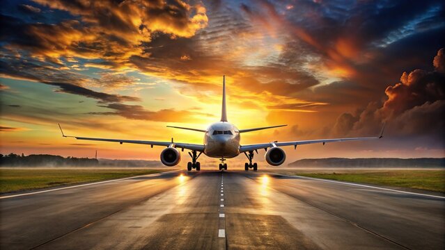 Airplane on runway at sunset ready for takeoff