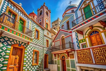 Obraz premium Pyrgi, Chios Island features traditional houses and churches adorned with unique geometric scratch patterns, showcasing the region's rich cultural heritage and architectural beauty.