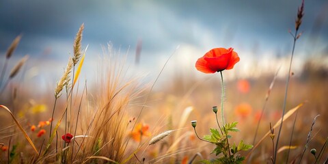 Fototapeta premium A lone red poppy grows among wild grasses in a field of autumn leaves and grey skies, landscape, flowers, rural, nature, red poppies