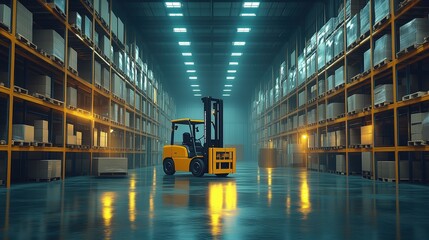 Forklift operating in large warehouse with shelves. Forklift operates in a large warehouse with rows of shelves filled with goods, representing efficient warehouse management and logistics operations.