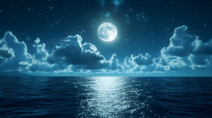 Night Sky with Full Moon and Clouds over the Ocean - Realistic Illustration