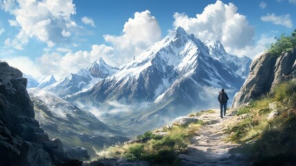 Obraz premium Hiker walking to mountains. 