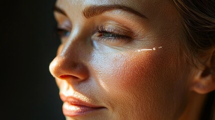 Fototapeta premium Focused portrait of a woman with radiant skin, skin-lifting lines traced across forehead and jaw, ambient lighting, luxurious skincare routine, hyper-detailed