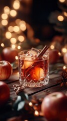 Festive drink with apples and cinnamon surrounded by warm lights