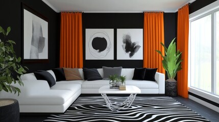 A contemporary living room featuring black walls, a white sectional, and orange cushions