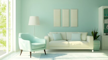 A contemporary living room featuring cream walls, a mint green armchair, and a sky blue accent wall
