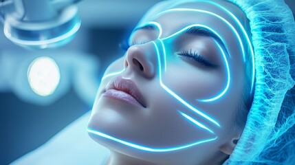 High-tech beauty salon with glowing woman's face enhanced by blue contouring lines, emphasizing her smooth skin, with modern medical devices in the background