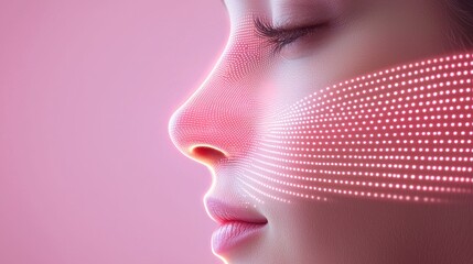 Skincare-focused close-up of a woman's face, skin-lifting effects on jawline and eyes, with a gentle pink background creating a futuristic beauty feel