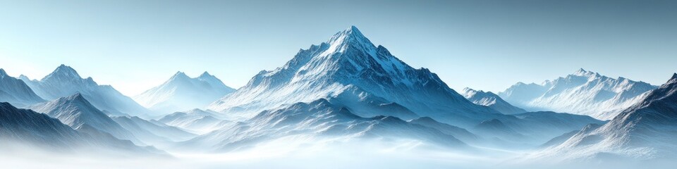 Serene mountain landscape with misty valleys and peaks.