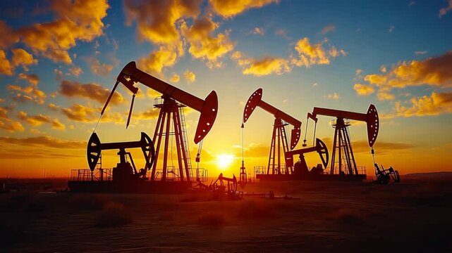 Working Pumpjacks On Sunrise. Silhouette of oil pump jack on rig. Oil drilling company growth. Financial and commodity markets.** Video