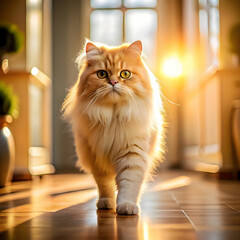 cute persona cat walking in house under sunlight