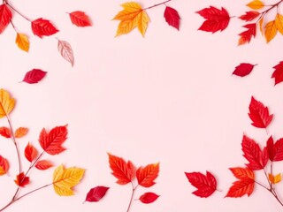 Fototapeta premium Colorful red autumn leaves arranged on pastel pink background in a minimal composition frame, creating a modern fall concept flat lay with copy space, fall, leaves