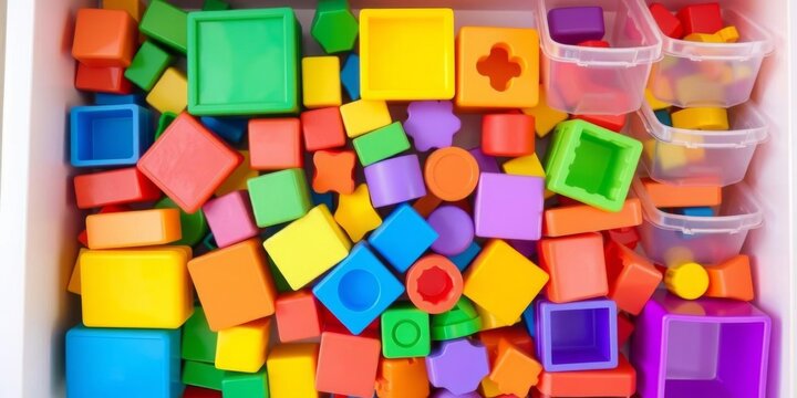 Colorful plastic containers and blocks in a vibrant assortment of shapes and sizes, containers, fun