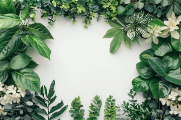 Fototapeta premium A vibrant arrangement of tropical green leaves and white flowers forming a natural frame on a white background, perfect for nature-themed designs.