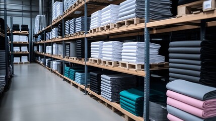 Obraz premium Spacious Warehouse with Stacked Fabrics in Various Colors on Pallet Shelves : Generative AI