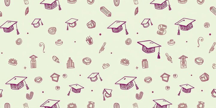 Hand-drawn doodle style seamless pattern featuring graduation caps and other back to school elements, doodle style, seamless
