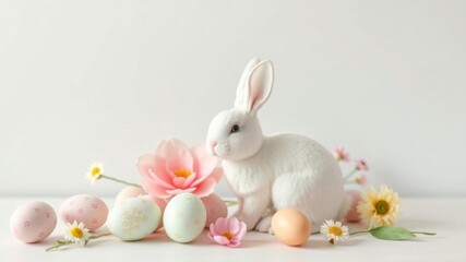 Minimalist flat lay featuring a creative pastel color palette with a cute Easter rabbit bunny figurine as the focal point, simple, cute