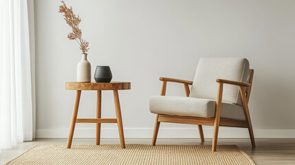 A cozy living space featuring a chair, side table, and decorative elements.