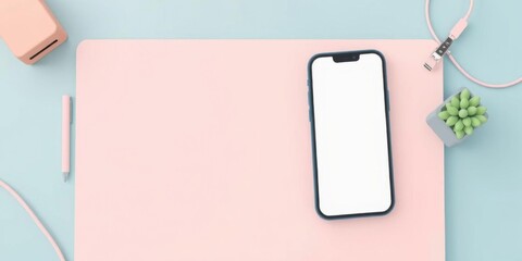 Minimalist flat lay scene with mobile phone in pastel color tones, includes a phone, notebook, pen,...