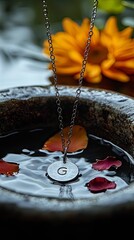 Delicate necklace with letter submerged in serene water setting