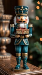 Festive wooden nutcracker holding a present in a cozy setting