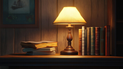 Table lamp, books placed on the wooden table, comfortable atmosphere, suitable for reading.