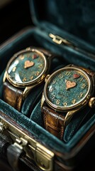 Elegant vintage watches in a luxury display case with heart designs