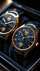 Luxury watches with heart designs in black and gold color scheme
